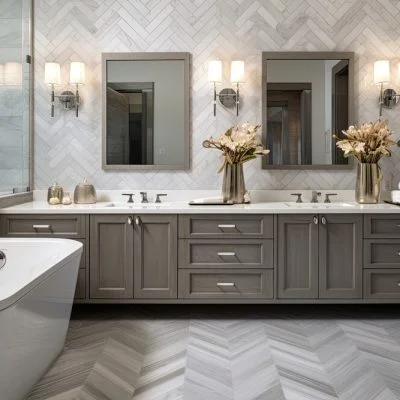 Luxury bathroom vanity with professional cabinet refinishing